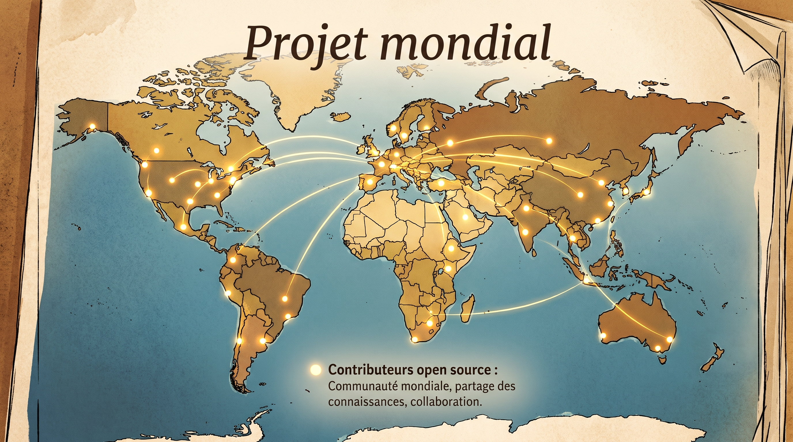 Carte du monde stylisée avec des points lumineux représentant des contributeurs répartis sur tous les continents — image communautaire et internationale.