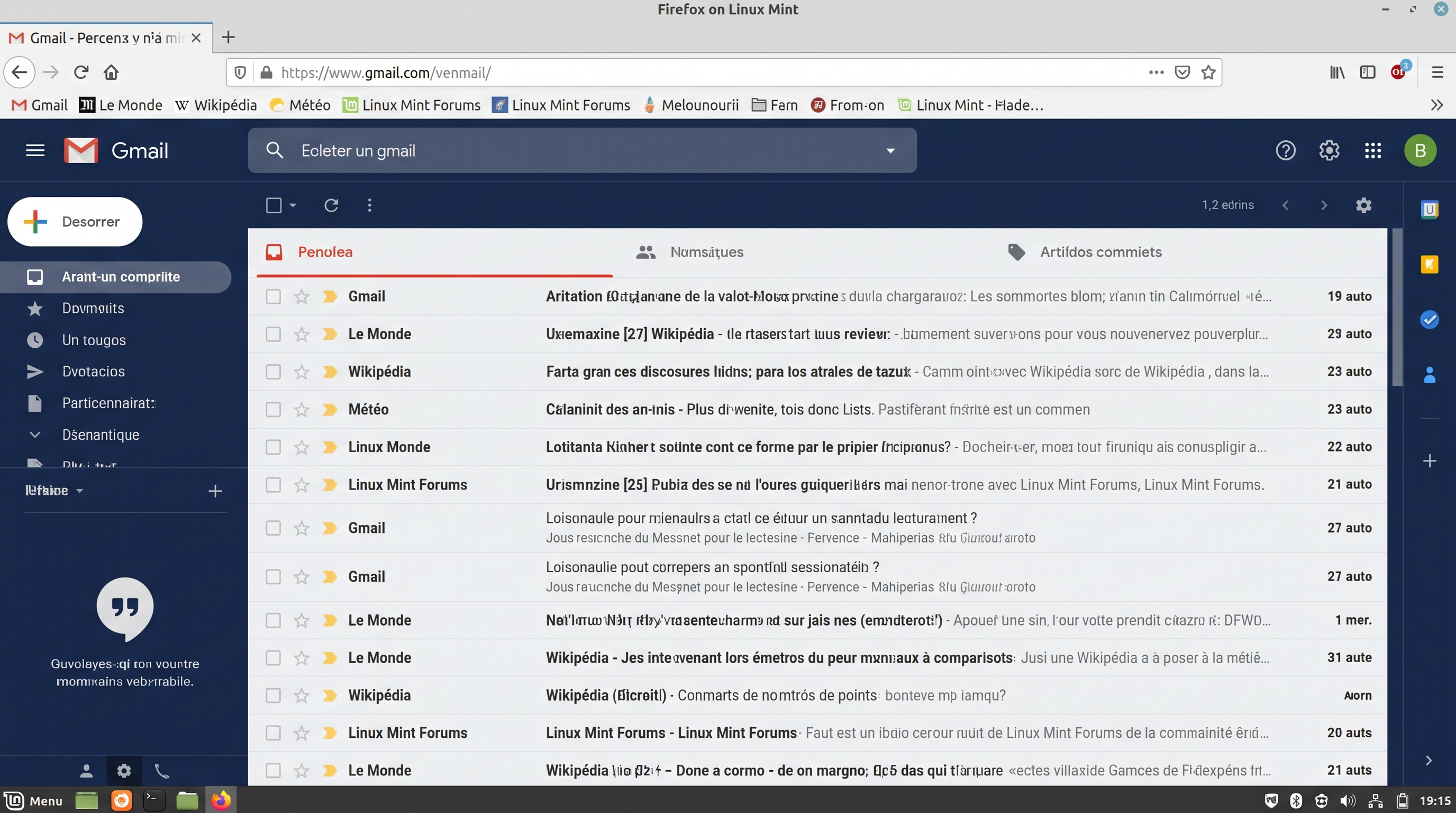 Navigateur Firefox ouvert sur une page de webmail (Gmail ou autre), avec la barre de favoris visible — identique à l'expérience Windows.